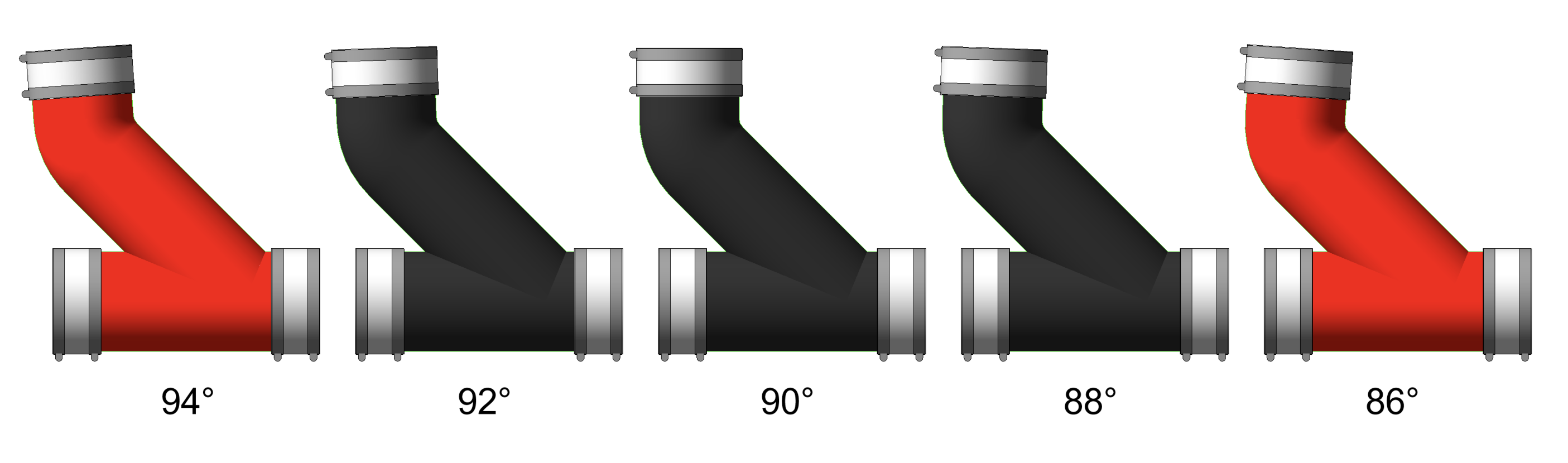 Combination fitting showing two-degree tolerance and IsCustom option. The 90 degree fitting is set as the base in black. The 92 degree fitting appears black to indicate tolerance. At 94 degrees it is marked in red to highlight intolerance.